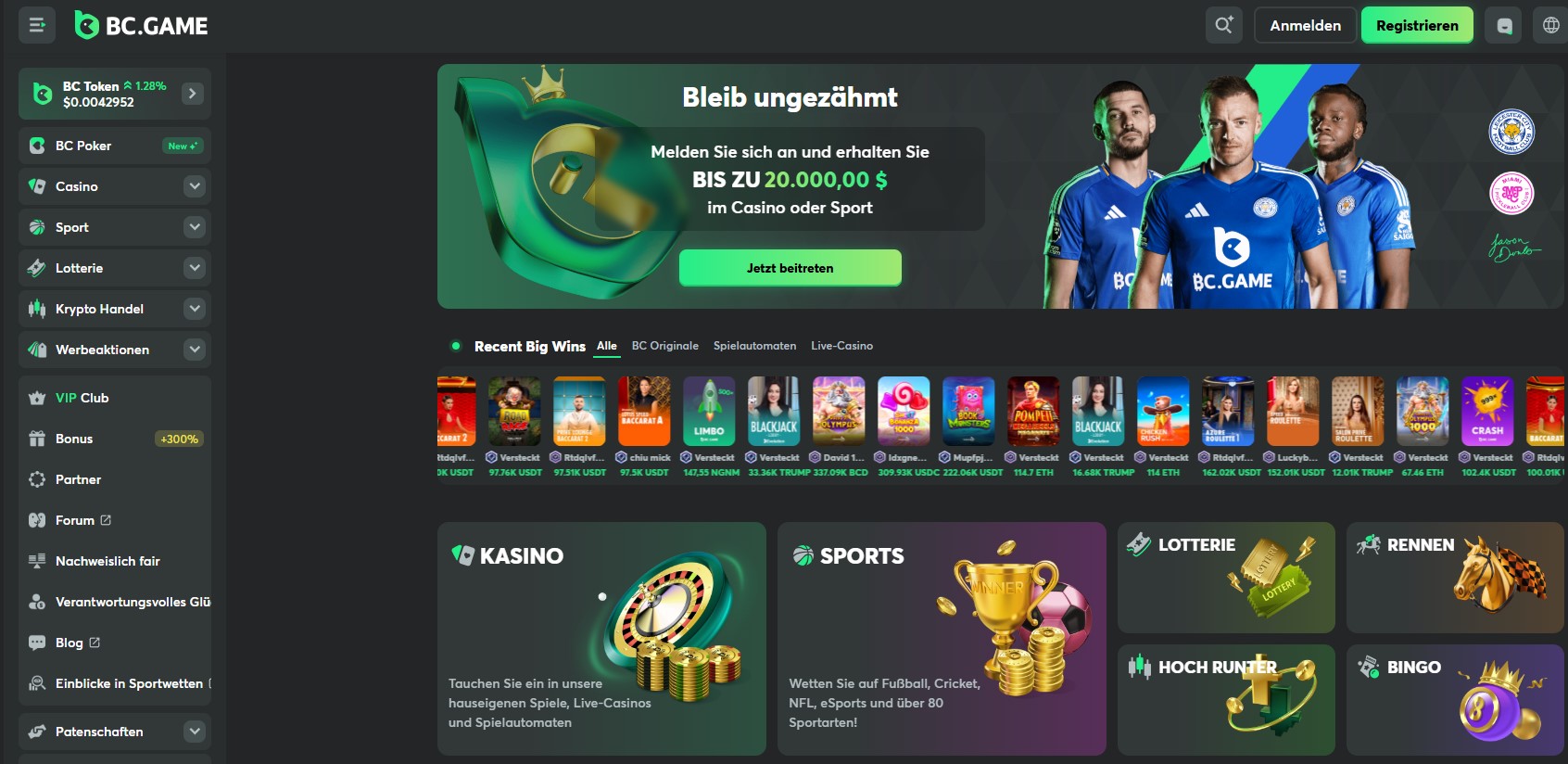 BC.Game Webseite mit verschiedenen Glücksspieloptionen wie Poker, Casino, Sportwetten, Lotterie und Krypto-Handel. Links ist das Navigationsmenü mit verschiedenen Kategorien zu sehen, während oben eine Werbeanzeige für eine Anmeldung mit einem Bonus von bis zu 20.000 $ angezeigt wird. Darunter befinden sich aktuelle große Gewinne und diverse Spieloptionen.