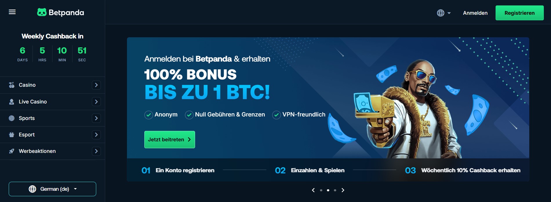 Betpanda Webseite mit Anmeldebonus von bis zu 1 BTC, wöchentlichem Cashback und verschiedenen Spieloptionen wie Casino, Live Casino, Sport und Esport.