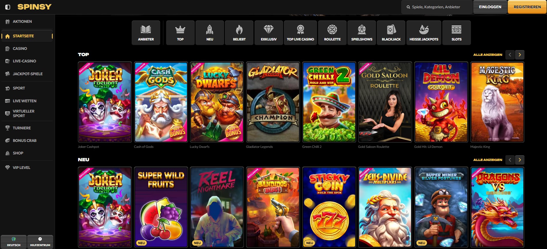 Die Webseite Spinsy präsentiert eine vielfältige Auswahl an Online-Casino-Spielen. Links befindet sich eine übersichtliche Navigationsleiste mit Kategorien wie Aktionen, Casino, Live-Casino, Jackpot-Spiele, Sportwetten und VIP Level. Oben sind verschiedene Filteroptionen für die beliebtesten Spiele, darunter Top, Neu, Beliebt, Exklusiv sowie klassische Casino-Kategorien wie Roulette, Blackjack und Slots. Die Hauptseite zeigt eine kuratierte Auswahl der Top-Spiele und neuesten Veröffentlichungen, darunter Joker Cashpot, Gladiator Legends, Green Chilli 2, Majestic King und Super Wild Fruits.