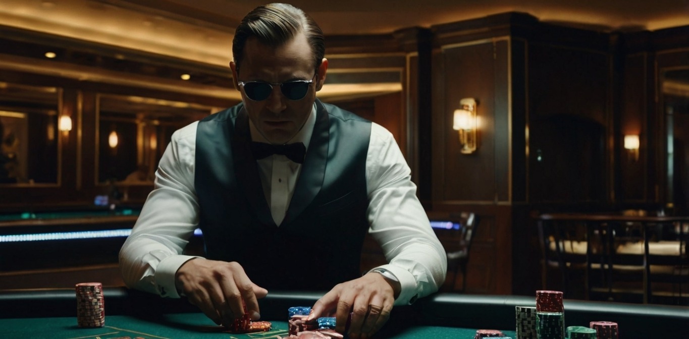 Eine stilvolle Person in einem weißen Hemd und einer schwarzen Weste sitzt an einem edlen Casinotisch und ordnet Pokerchips in verschiedenen Farben. Das luxuriöse Casino-Ambiente mit warmem Licht und Holzvertäfelung schafft eine exklusive Atmosphäre, die die Welt der Krypto Casinos widerspiegelt.